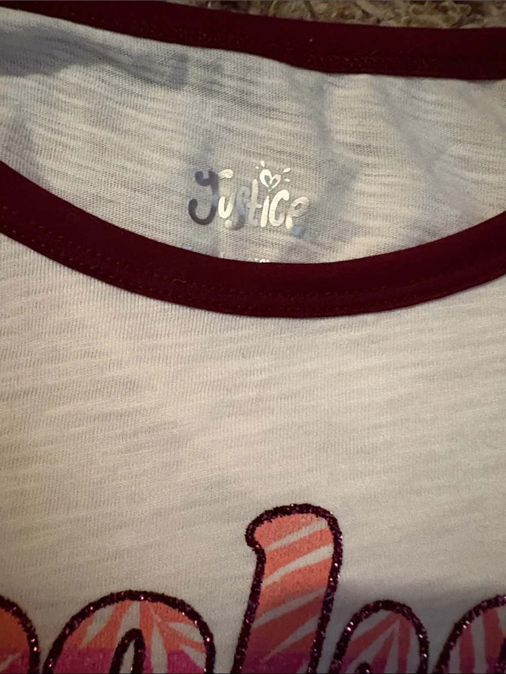 Justice White Tee with Burgundy Trim and Pink Graphic - Kids